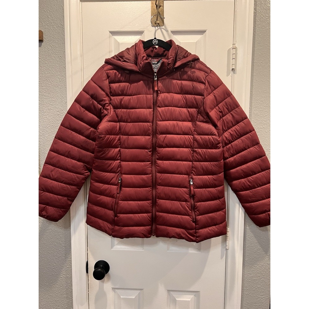 St John's Bay Puffer Jacket Womens XXL Burgundy Red Hooded Quilted Coat Pockets